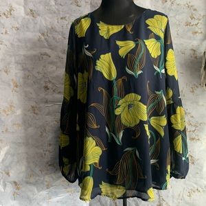 Ann Taylor Factory Floral Tulip Blouse Navy Blue - Size XL